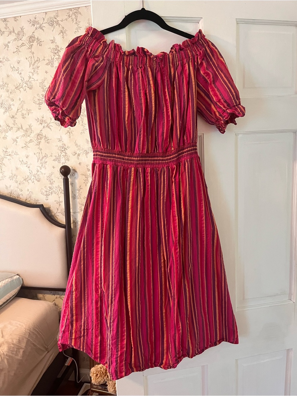 Striped Off-Shoulder Smocked Waist Dress - Pink & Orange Stripes